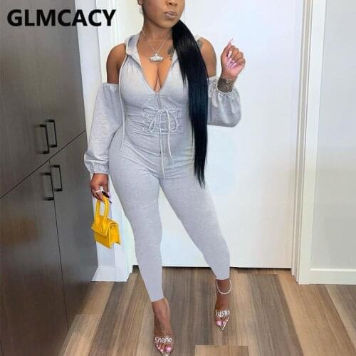 Women Causal Long Sleeve Cold Shoulder Lace Up Front Jumpsuit Solid Slim Overalls