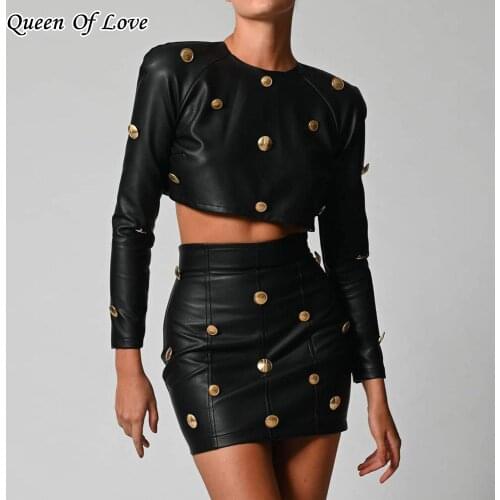 2020 New Autumn Fashion Elegant Black PU Leather Skirt Suit Casual 2 Piece Set Women Long Sleeve Crop Top Mini Skirts Outfits