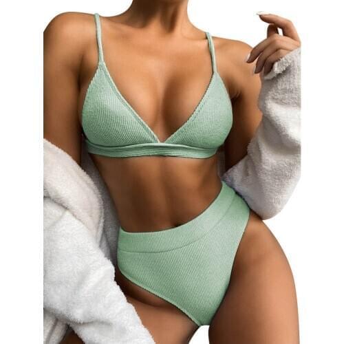 Female Sexy Swimsuit 2021 High Waist Bikini Set Bathing Suits Women Two Piece Split Push Up Swimwear Ribbed beach bathing suit