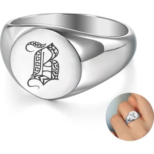 Womens Ring Custom Jewelry 13mm Chic Initial Letter A-Z Signet Statement Band Ring For Women Silver Color Stainless Steel LHR442