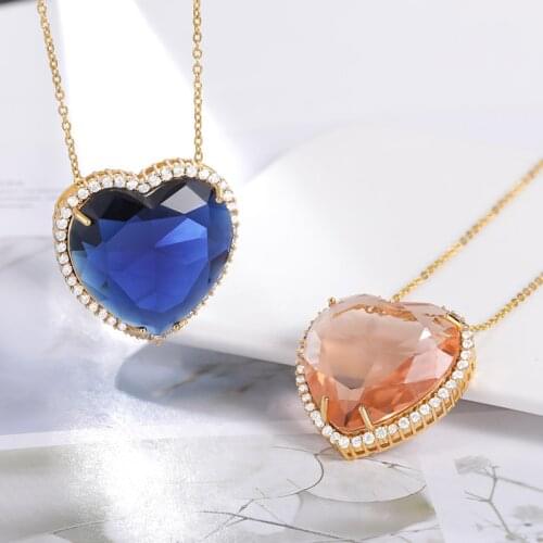 Fashion Exquisite Blue Love Necklace Heart of The Sea Crystal Pendant full of diamonds For Women Simple Zircon Jewelry
