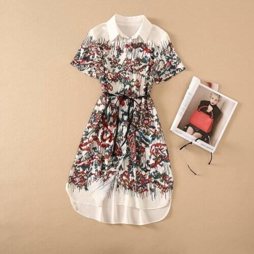New 2021 Summer Long Shirt Dress High Quality Women Turn-down Collar Vintage Ink Painting Print Short Sleeve Casual Dress Belt