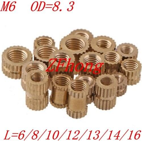 100pcs/lot M6*6/8/10/12/13/14/16 OD=8.3mm Through thread brass insert nut / knurled nuts for injection moulding