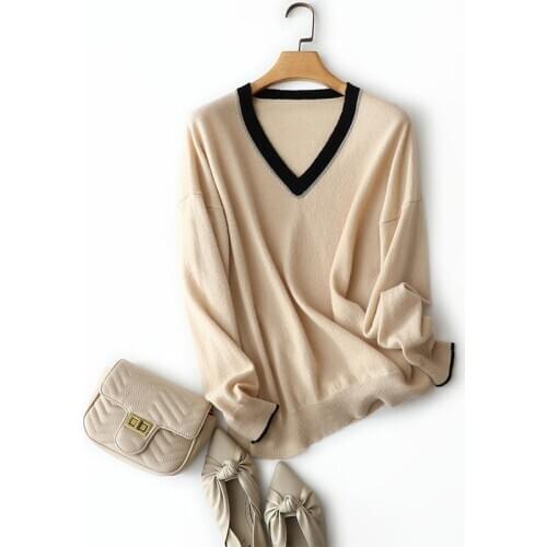 2021 Office Lady Sweaters for Women 100% Cashmere Thin V-Neck Pullover Sweater Women Solid Spring/Autumn Long Sleeve