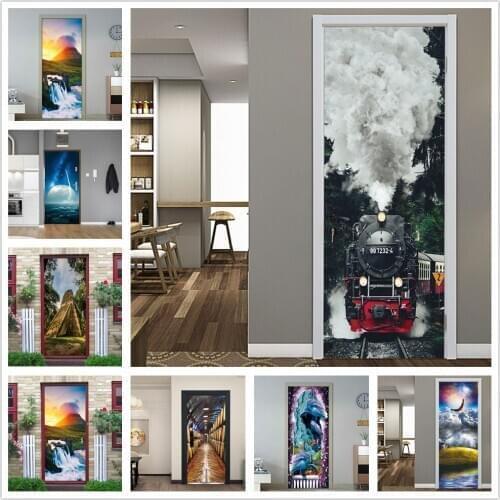 3D Door Stickers Retro Train Door Home Decor Paste For Living Room Bedroom Kitchen Decoration Wall Decors Wallpapers Deursticker