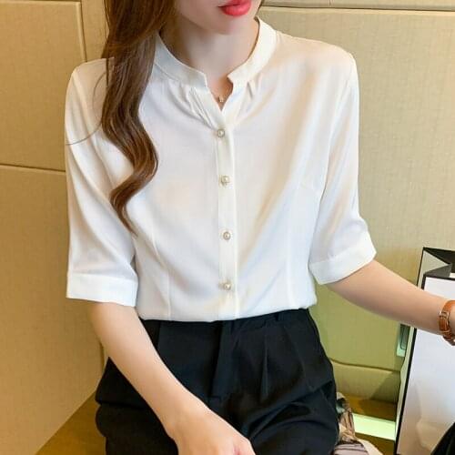 White Shirt Womens Short Sleeve 2021 Summer Elegant Korean Fashion Top Button Up Shirt V-neck Simple Office Ladies Tops 1102