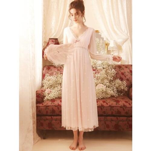Free Shipping 2021 NEW Vintage Royal Nightgowns Womens Long Pink Pijamas Gril Sweet Sleepwear Lace pijama feminino