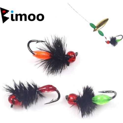 Bimoo 6pcs Red Orange Green Mini Ant Black Hackle Fly Fishing Nymph Artificial Lure Bait for Trout Panfish Fishing #14 #16 #18
