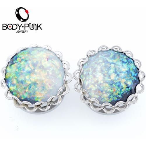 BODY PUNK 2pcs Arylic Ear Plugs and Tunnels Double Flared Expander Blue Opal Filigree Ear Plug Gauge Sexy Body Jewelry Piercing
