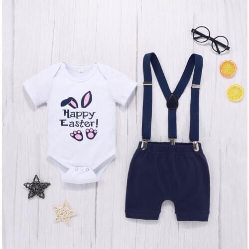 9-18Months New Infant Baby Boys Girls Easter Day Letter Printing Romper Suspender Trousers Outfits Set Clothes детская одежда 5