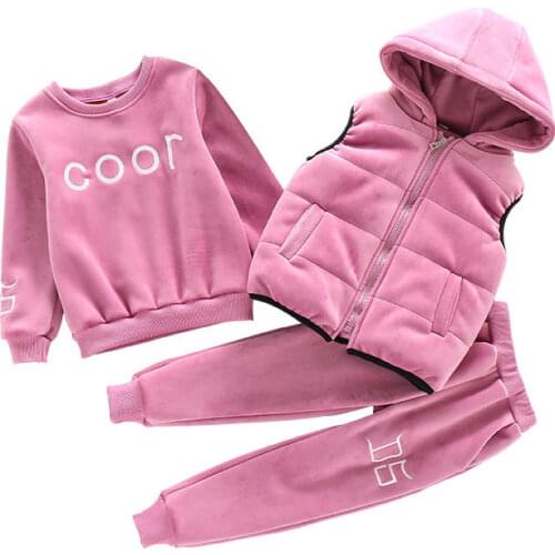 Winter Baby Girls Clothing Set Kids Thicken Warm Pants Suit Children Plus Velvet Tracksuit Toddlers Hooded Vest 3Pcs/Set 4-13Yrs