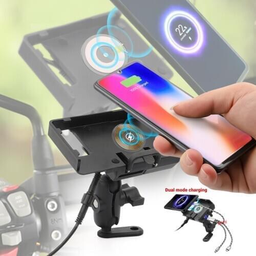 For Motorcycles, Scooter and more Wireless/ USB Quick Charger Holder 6-10mm Side Rear View Mirror Mount Mobile Phone Holder