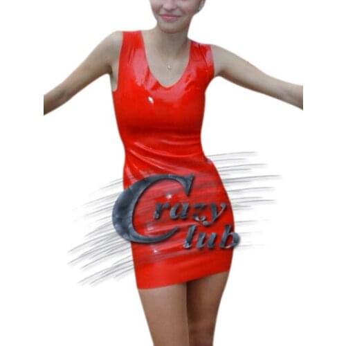 Hot Latex Erotic Girls Latex Sexy Women Latex Red with flat shoulders and V-neck Dress Fetish Fast Delivery