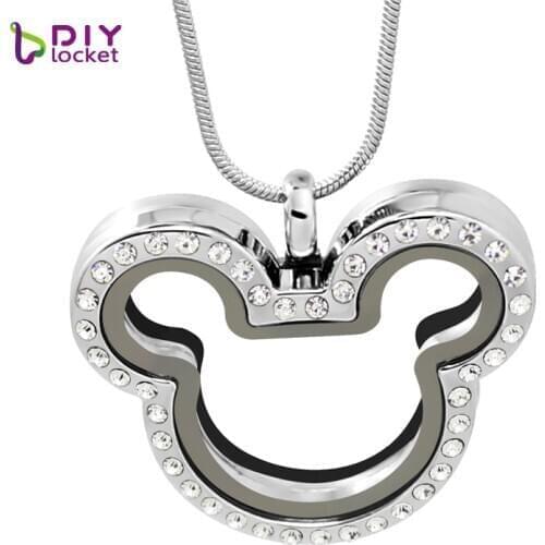 Diylocket Mickey Rhinestone magnetic glass floating charm locket necklace pendant (chains included for free) LSFL013