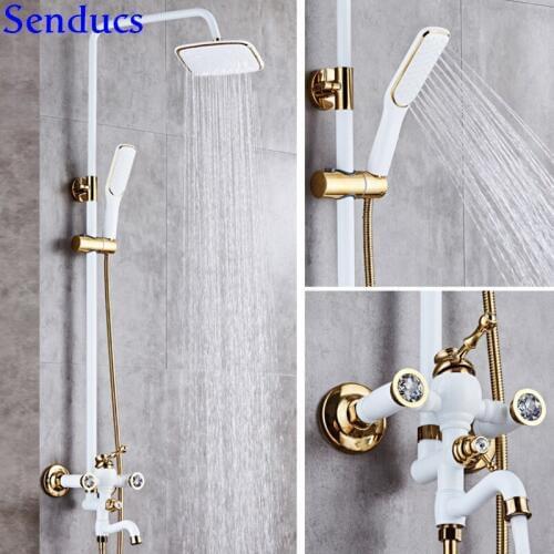 Senducs White Gold Shower Set Of Fashion Brass Bathroom Thermostatic Shower System With Rainfall Bathtub Black Gold Shower Set