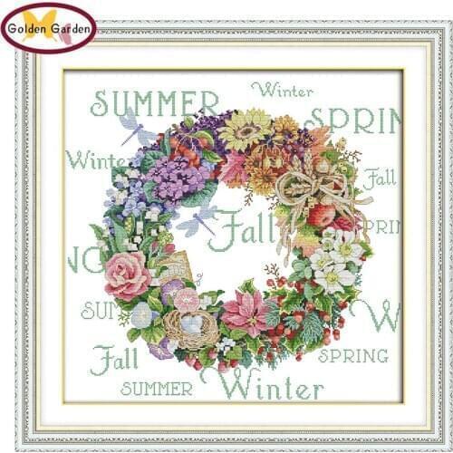 GG Wreath of All Seasons Chinese Cross Stitch Patterns DIY Kit Art Design Embroidery Needlework Rose Cross Stitch for Home Decor