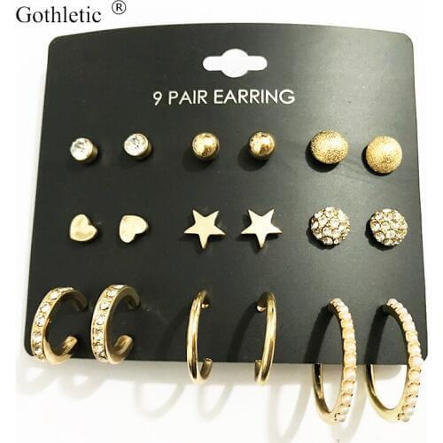 Gothletic 9prs/set Rhinestone Heart Star Small Stud Earrings Pack Fashion Jewelry