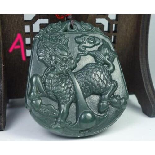 Natural XinJiang gray jade kylin Dragon Amulet Necklace Handwork carven Apotropaion