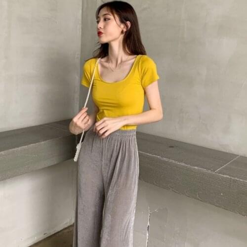 Summer new thin, solid T-shirt, womens high waist, straight tube, wide leg trousers, casual pants suit