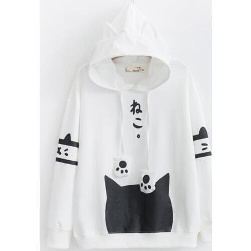 2020 Spring new Japanese alphabet cat head print long sleeve pullover sweatershirt women