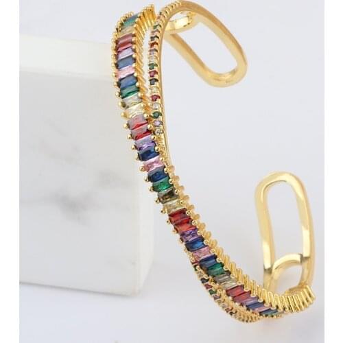 New Fashion Rainbow Cross Womens Bangles Gold Color Rhinestone Colorful Bracelet Cuff Simple Trendy Rainbow Jewelry Gift