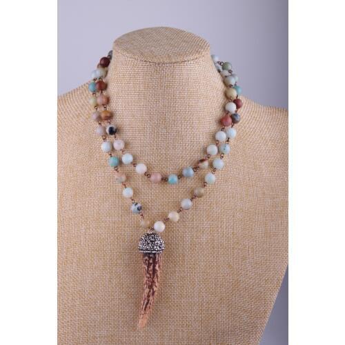 Wholesale Blue Green Amazonite Stones Rosary Chain Halsband Ox Horn Pendant Necklace