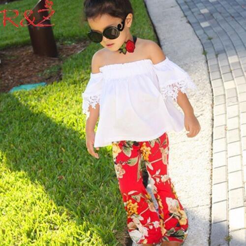 R&Z Girls Clothing Sets 2018 New Cotton Strapless White Lace Tops+printing Bell-bottoms 2pcs Suits for Kids Childrens Sets k1