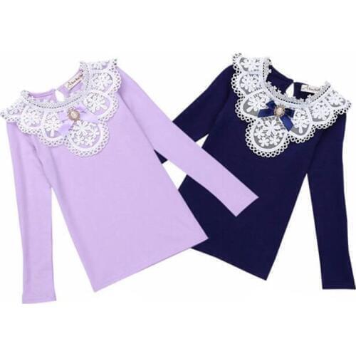 Spring Winter 2021 Girls White Blouses Shirts Fashion Autumn Warm Long Sleeve Lace Shirt Cotton Flower Student School Clothes