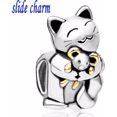 Slide charm Free shipping excited cat catches mice animal charm beads fit Pandora bracelet