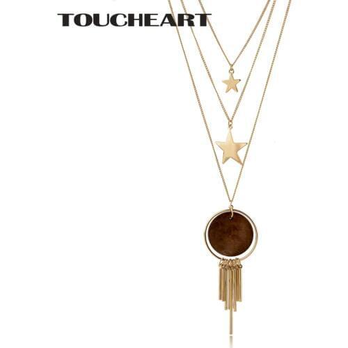 TOUCHEART Boho Simple Trendy Round Wood Geometric Pendant Necklaces Display Gold Color Link Chain statement Necklaces SNE170018