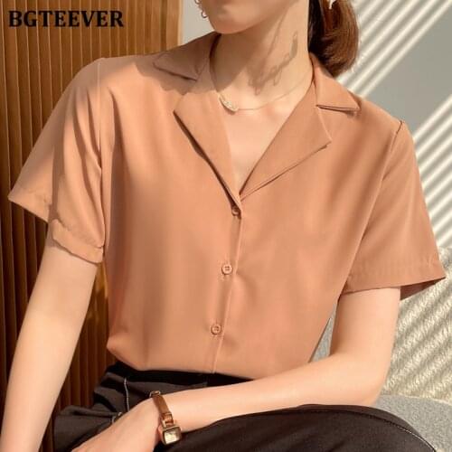 BGTEEVER Vintage Notched Collar Women Shirts Tops Short Sleeve Loose Single-breasted Female Solid Blouses 2021 Summer Blusas