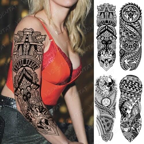 Waterproof Temporary Full Arm Tattoo Sticker Maori Totem Skull Tribal Adult Flash Tattoos Female Body Art Fake Sleeve Tatto Male