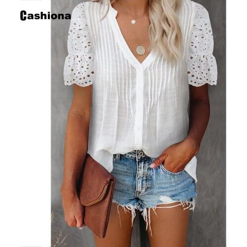 2021 Women Elegant V-neck T-shirt Hollow Out Ladies Shirt Patchwork Lace Tops Latest Summer Casual Pullovers Sexy Femme Clothes