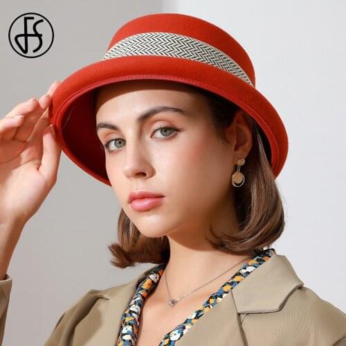 FS Lady Wide Brim Wool Felt Dome Fedora Hats For Women Winter Church Cloche Derby Hat Fedoras Bowler Cap With Striped Ribbon