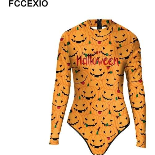 FCCEXIO Halloweens Pumpkin Print Women One-Piece Swimsuit Summer Casual Long Sleeve Beachwear Bathing Suit Sexy Tight Swimwear