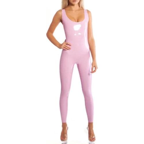 Womens Sleeveless Catsuit Ladies Tank Dancewear Round neck Leotard Jumpsuit Faux Leather Novelty Zipper back Bodycon Catsuit