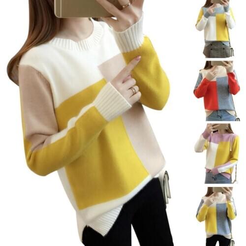 Women Autumn Long Sleeve Knitted Sweater Geometric Color Block Patchwork Pullover Tops O-Neck Casual Loose Basic Jumpers