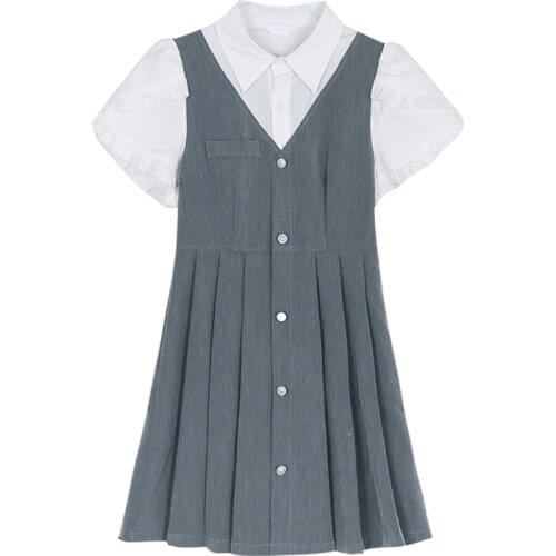 PERHAPS U Gray Turn Down Collar Short Sleeve Mini Dress Elegant Solid Summer Women Female D2032