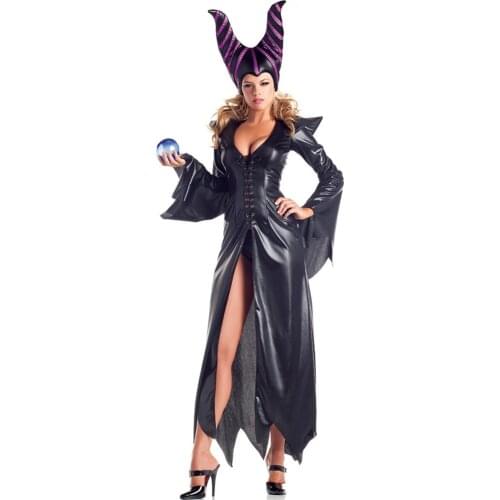 Women Dark Queen Fantasia Dress Carnival Cosplay Outfit Adult Leather Halloween Evil Witch Costume