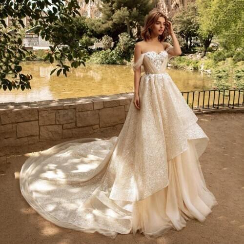 Thinyfull Champagne Wedding Dresses Mulit Layers Sequin Tulle Bride Dress With Flowers Court Train Vestido De Novia 2020