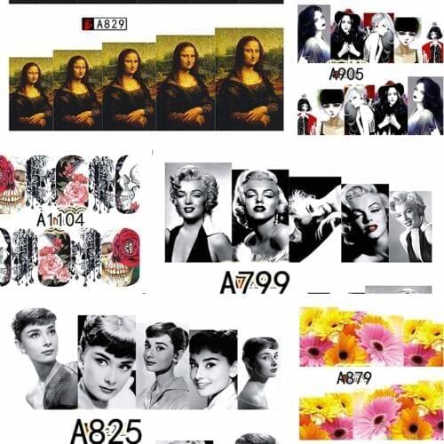 12 sheet 3D Rose Skull Flowers Monroe Hepburn Mona Lisa Portrait Cat Monkey Water Transfer Nail Art Stickers Decals A745-1104