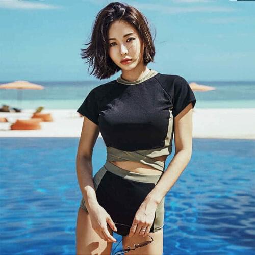 2021 Korean Sports Style Color Matching Short-Sleeved Cross Straps Split High Waist Sexy Bikini Conservative Hot Spring Swimsuit