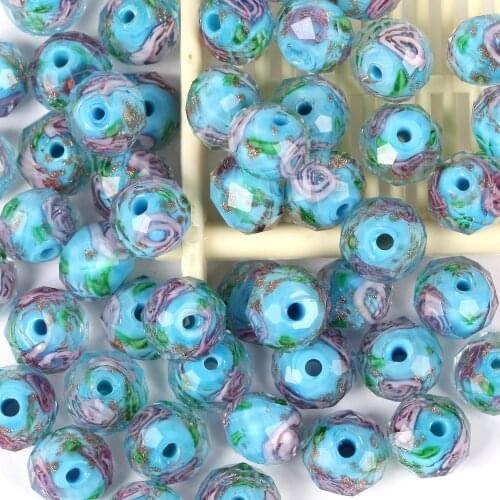 8*10mm Rondelle Beads Lake Blue Rose Flower Lampwork Glass Spacer Beads for Jewelry Making DIY Bracelets Necklace Accessories