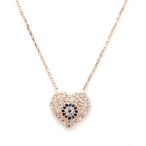 925 Sterling Silver Rose Plated Women Necklace with Heart Evil Eye Design