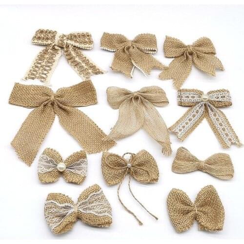 5Pcs Burlap Bows Tie Ornaments Rustic Bowknot Embellishments for DIY Art Craft Gifts Wrapping Home Wedding Party Decoration