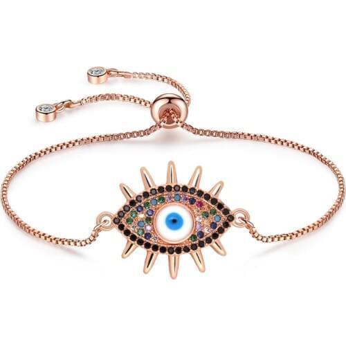 Sparkling Cubic Zirconia Copper Blue Evil Eye Charm Bracelet Women Girl Pretty Beauty Multicolor CZ Eyelash Adjustable Jewelry