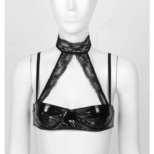 Women PU Latex Bra Wet Look Patent Leather Push Up Bra Top Halter Neck Spaghetti Straps Exotic Lingerie Sissy Brassiere Clubwear