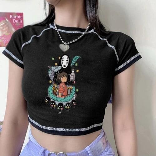 Harajuku Spirited Away Kawaii Print T-shirt Aesthetic Tshirt Ulzzang Y2k tops summer vintage black Anime tshirt dropshipping