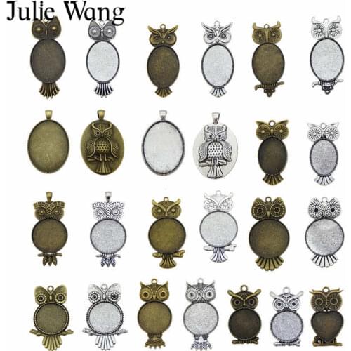 Julie Wang 10PCS Randomly Send Owl Oval Round Cabochon Setting Base Tray Bezels Blank Charms Necklace Bracelet Jewelry Making