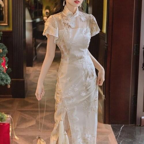 Cheongsam Embroidery Chinese Dresses Young Girls Dress Qipao Modern Weding Party Women Cheongsams Sexy Dress Elegant Summer 2021